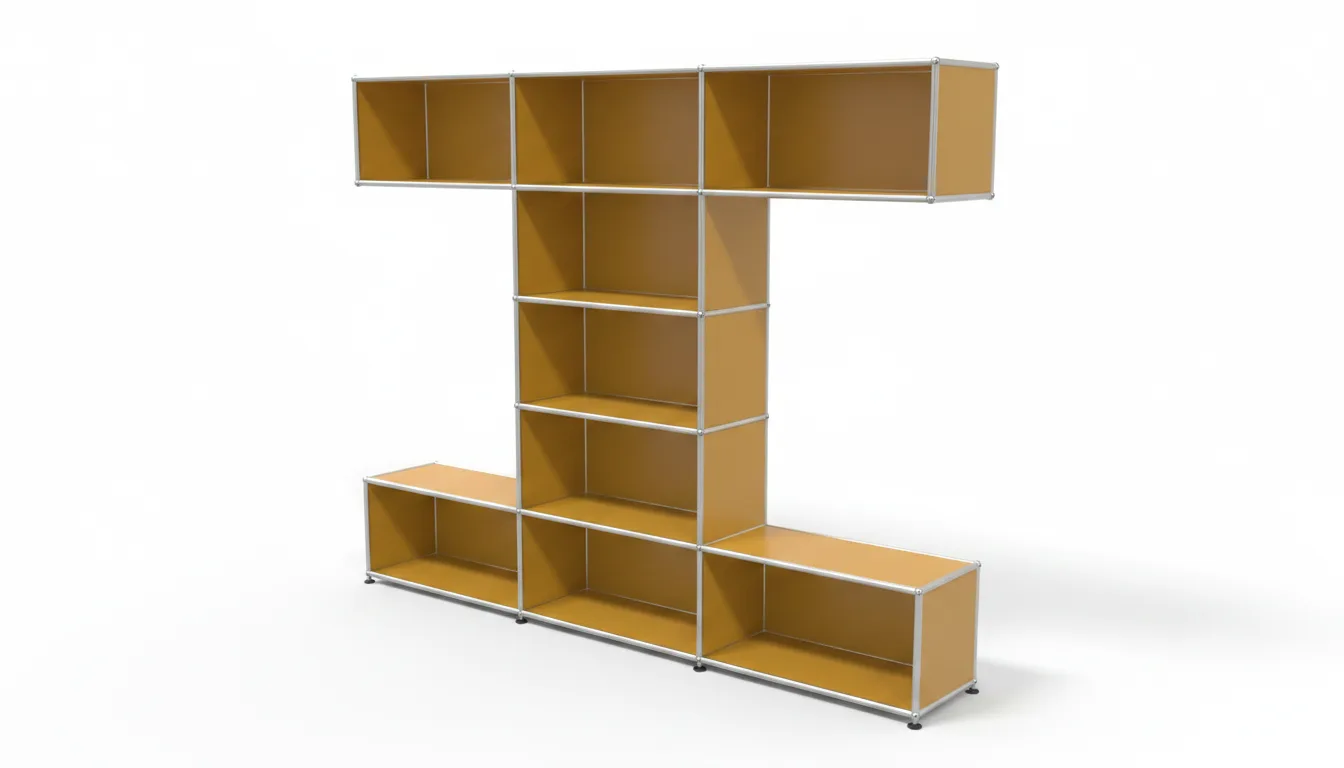 Individuell konfiguriertes USM Haller Möbel in Goldgelb (RAL 1004), ca. 93 kg – fotorealistische Vorschau
