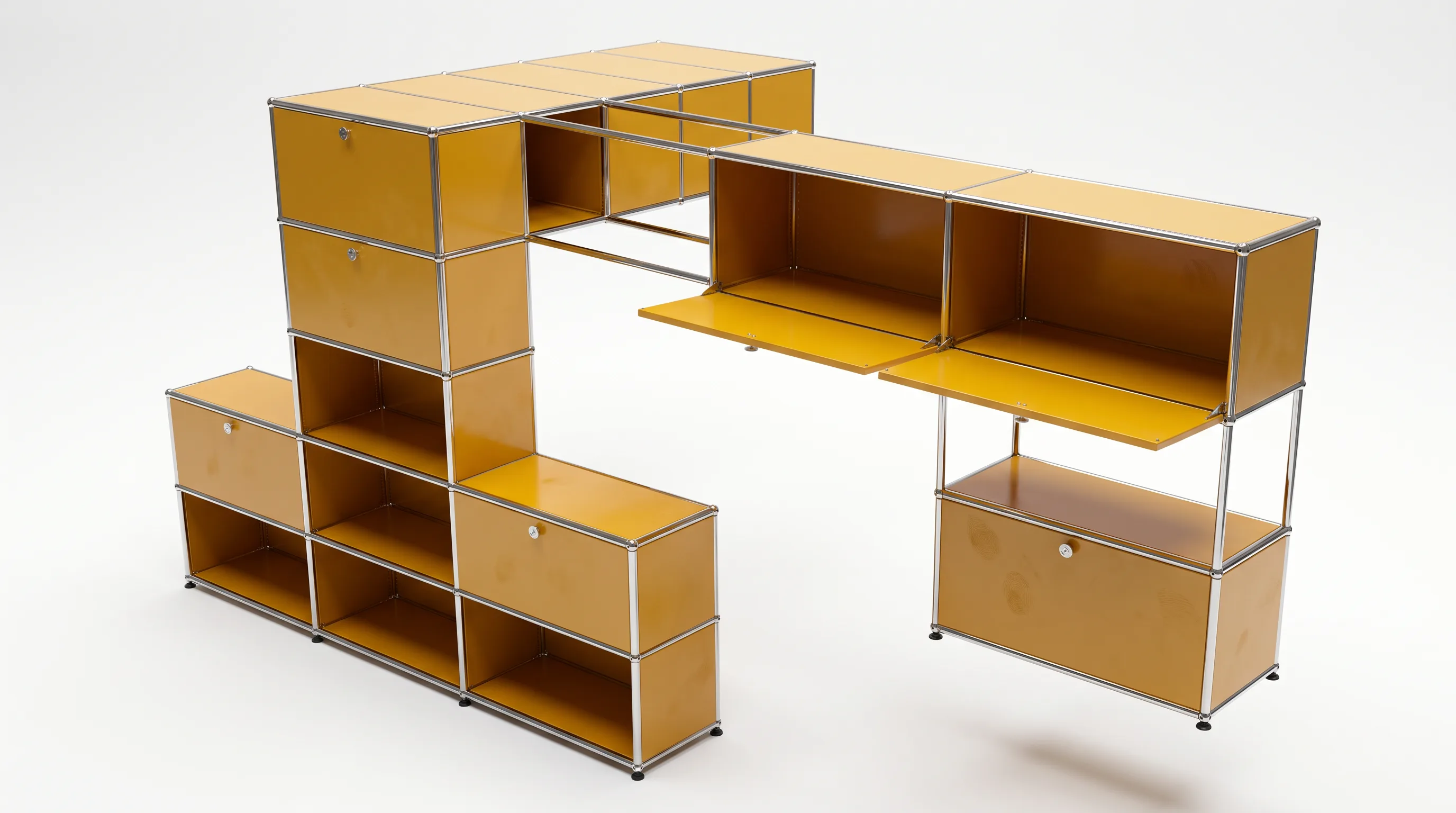 Individuell konfiguriertes USM Haller Möbel in Goldgelb (RAL 1004), ca. 227 kg – fotorealistische Vorschau