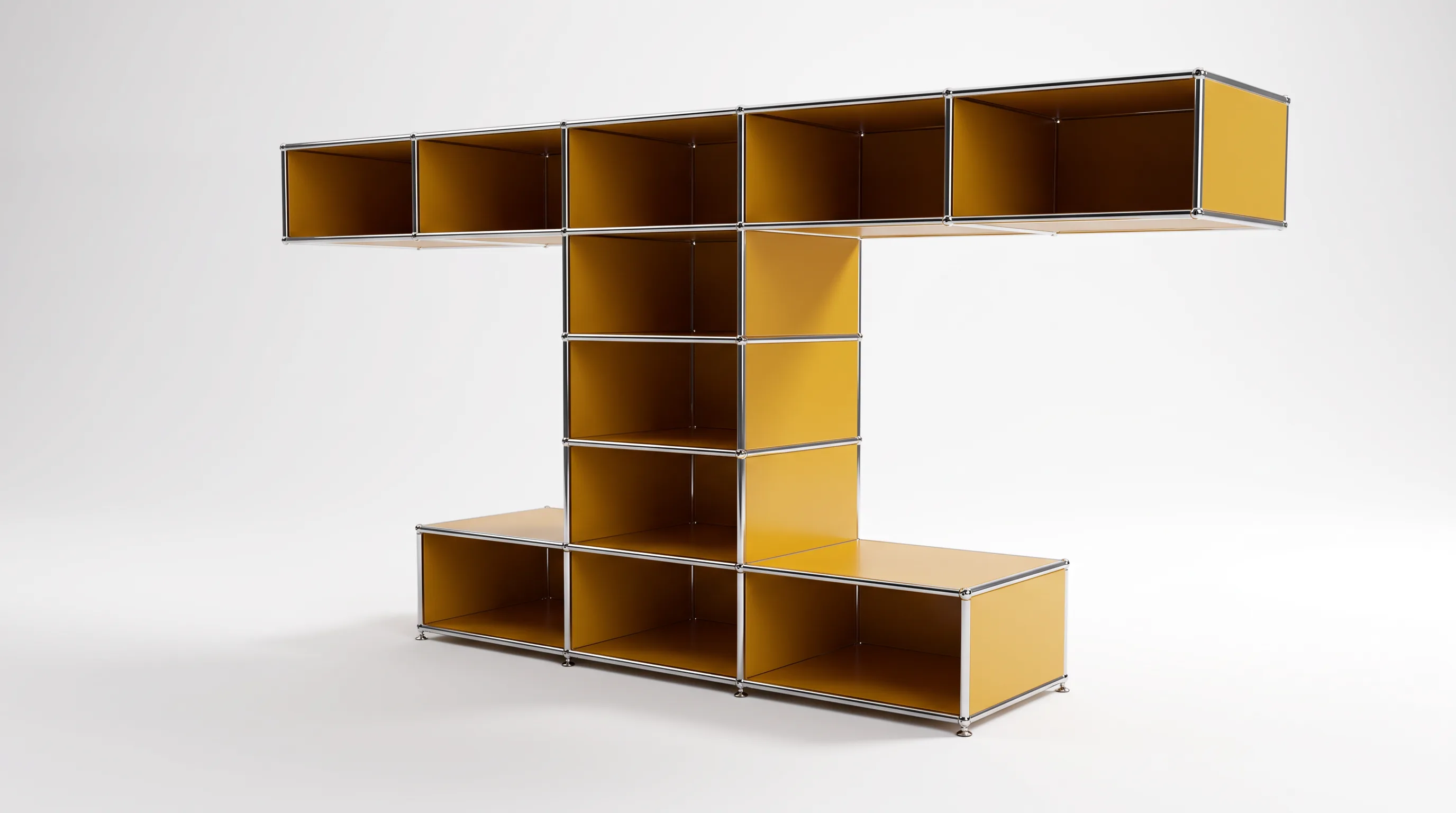 Individuell konfiguriertes USM Haller Möbel in Goldgelb (RAL 1004), ca. 153 kg – fotorealistische Vorschau
