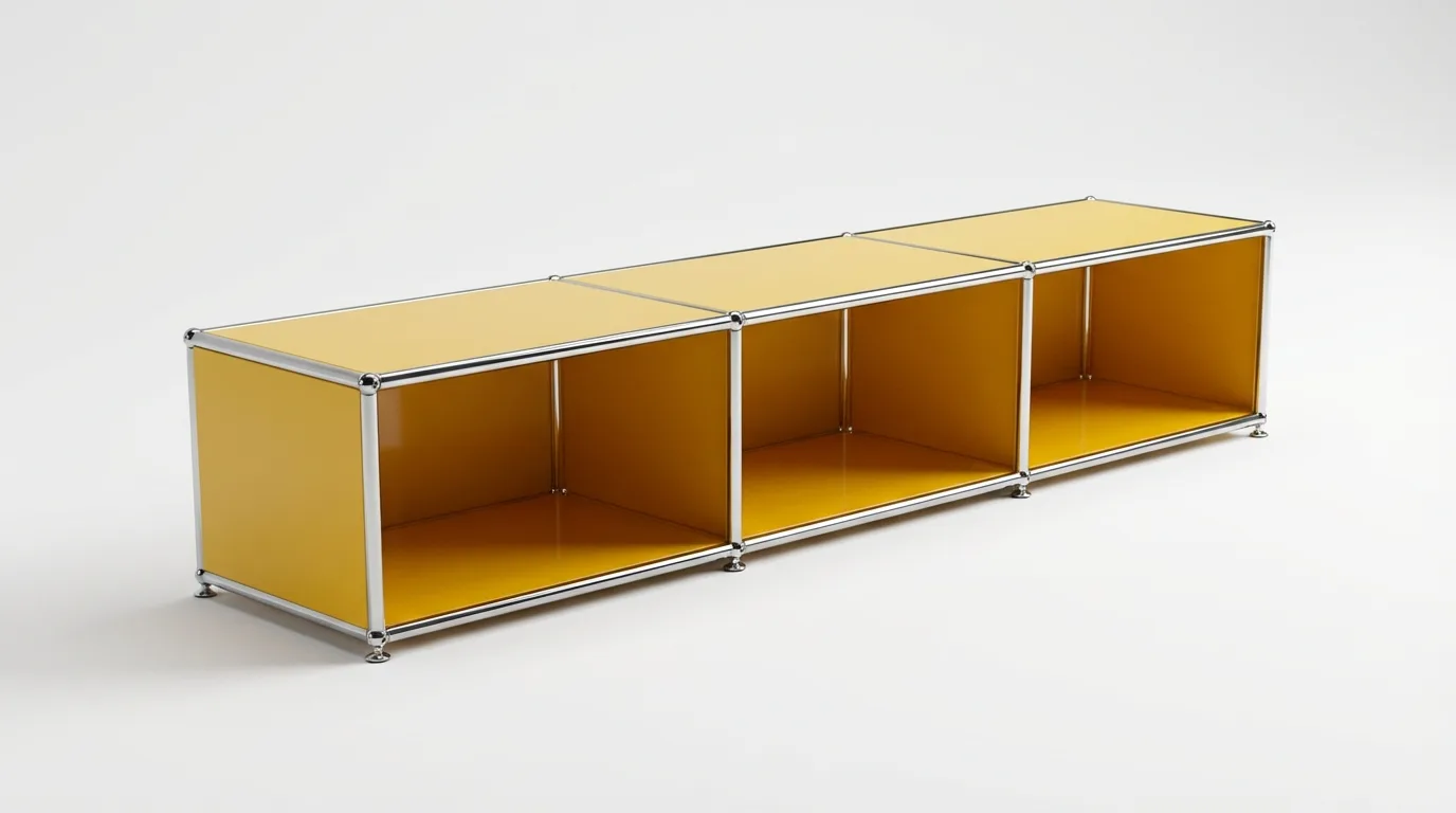 Individuell konfiguriertes USM Haller Möbel in Goldgelb (RAL 1004), ca. 46 kg – fotorealistische Vorschau
