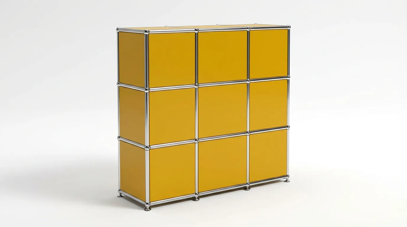 Individuell konfiguriertes USM Haller Möbel in Goldgelb (RAL 1004), ca. 53 kg – fotorealistische Vorschau