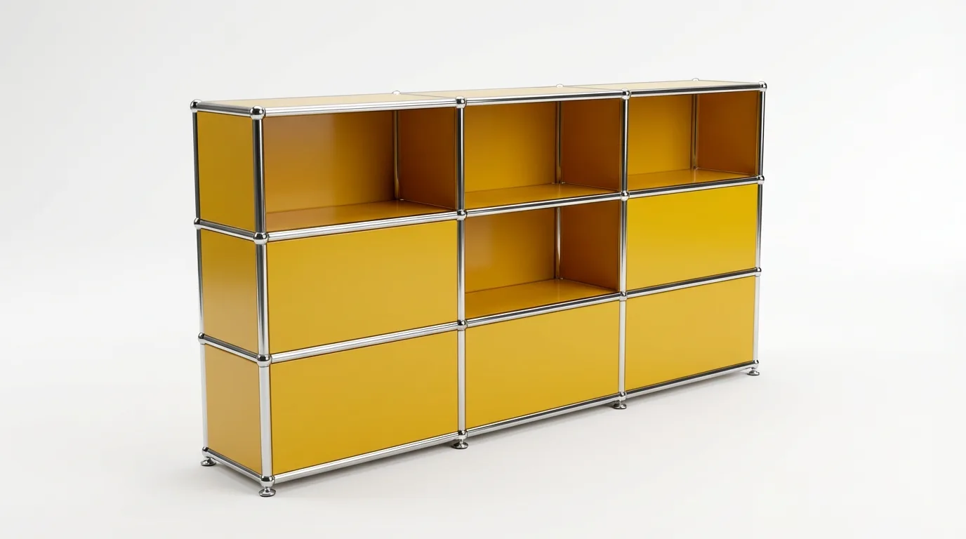 Individuell konfiguriertes USM Haller Möbel in Goldgelb (RAL 1004), ca. 53 kg – fotorealistische Vorschau