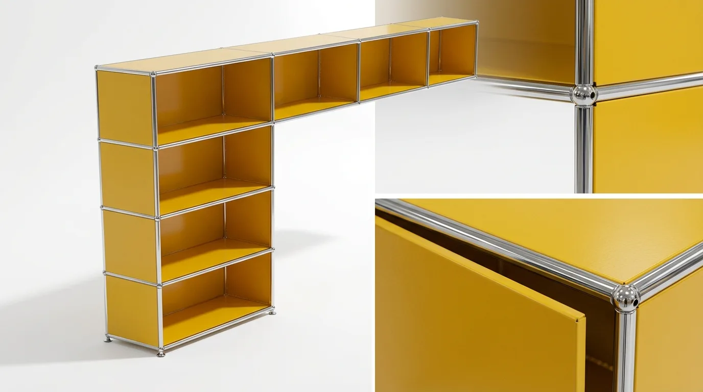 Individuell konfiguriertes USM Haller Möbel in Goldgelb (RAL 1004), ca. 72 kg – fotorealistische Vorschau