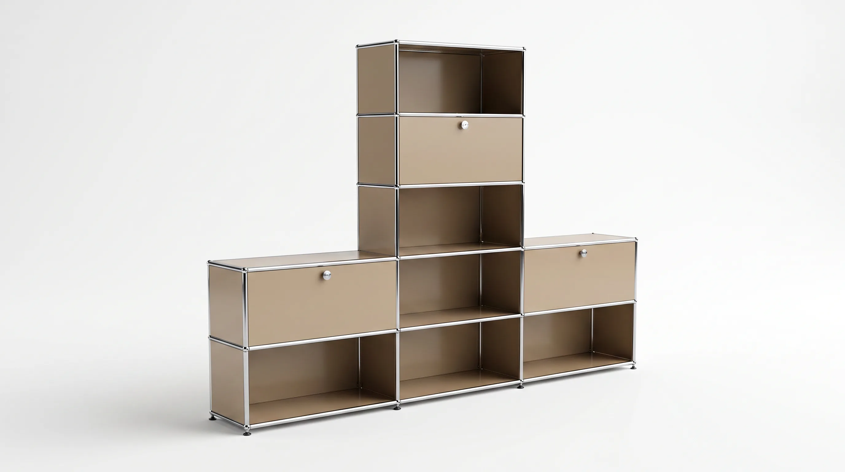Individuell konfiguriertes USM Haller Möbel in Graubeige (RAL 1019), ca. 102 kg – fotorealistische Vorschau