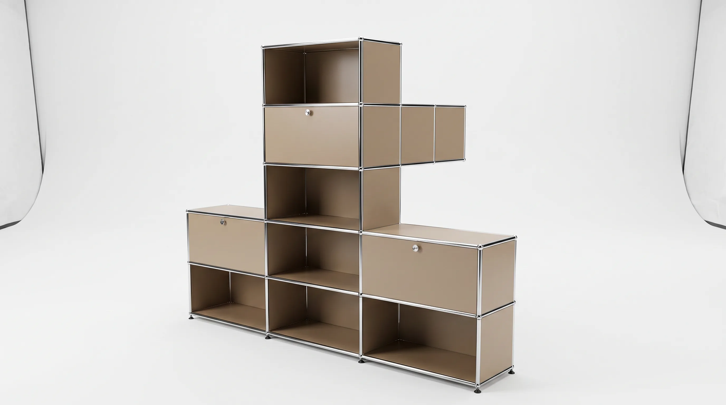 Individuell konfiguriertes USM Haller Möbel in Graubeige (RAL 1019), ca. 135 kg – fotorealistische Vorschau