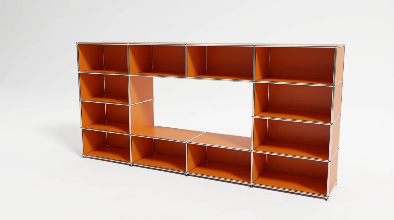 Individuell konfiguriertes USM Haller Möbel in Reinorange (RAL 2004), ca. 132 kg – fotorealistische Vorschau
