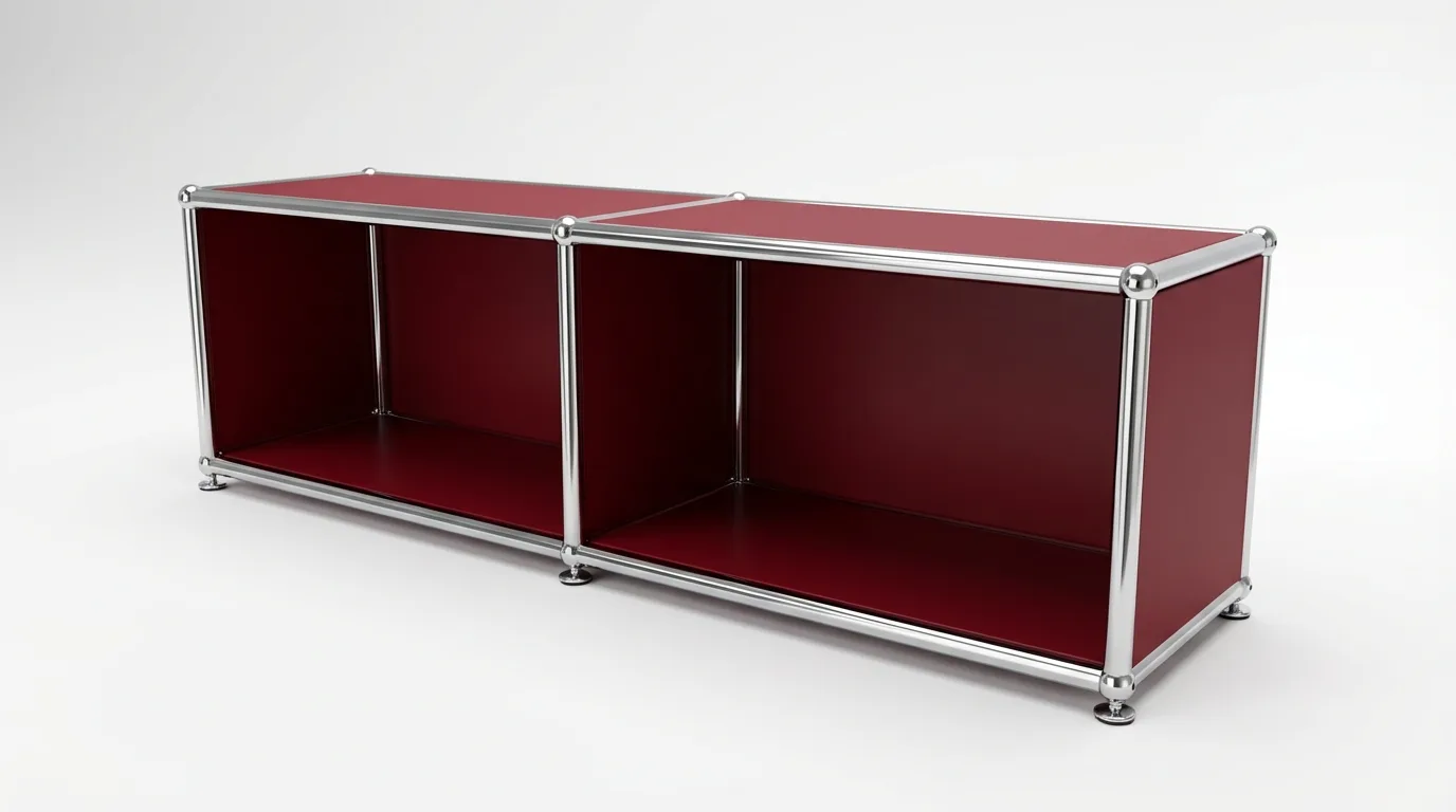 Individuell konfiguriertes USM Haller Möbel in Rubinrot (RAL 3003), ca. 24 kg – fotorealistische Vorschau