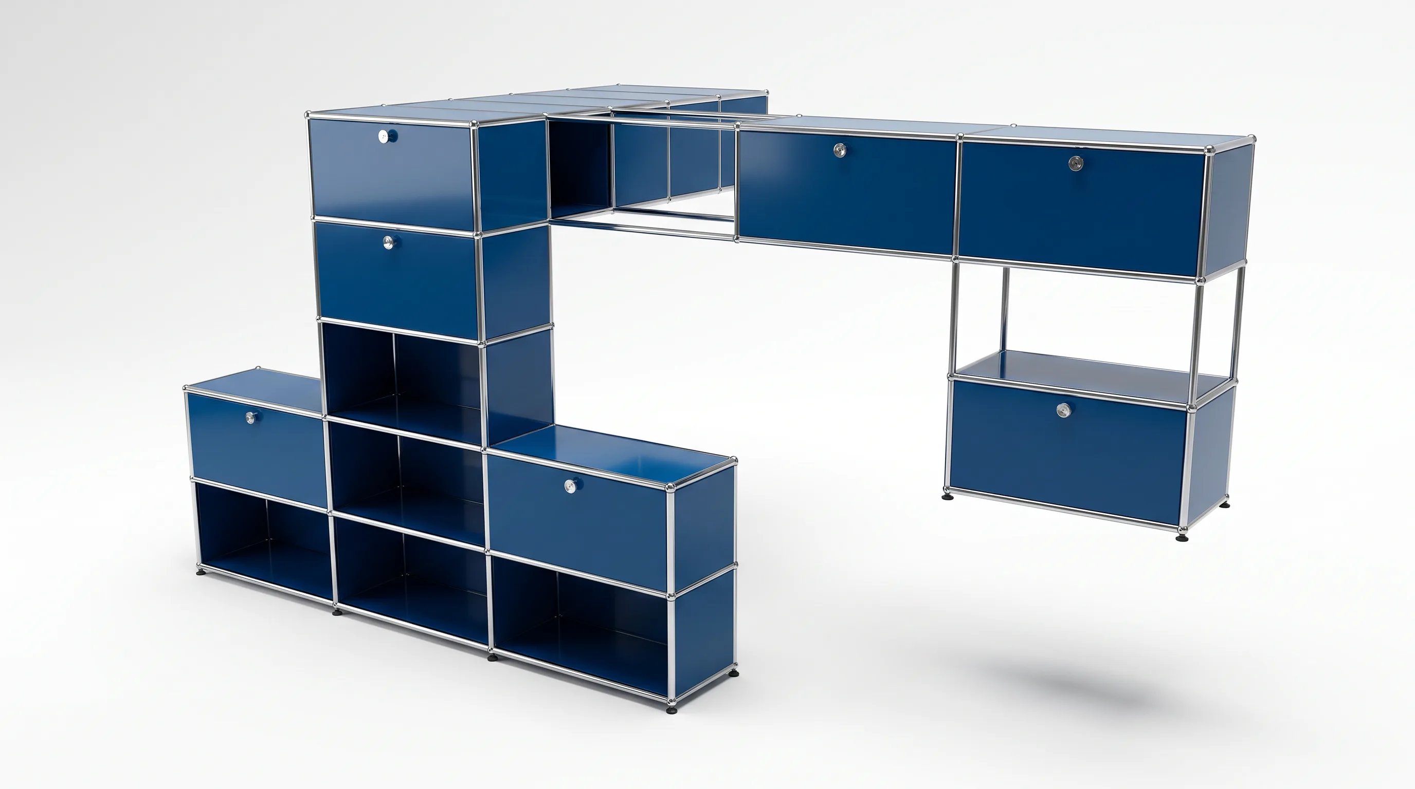 Individuell konfiguriertes USM Haller Möbel in Enzianblau (RAL 5010), ca. 227 kg – fotorealistische Vorschau