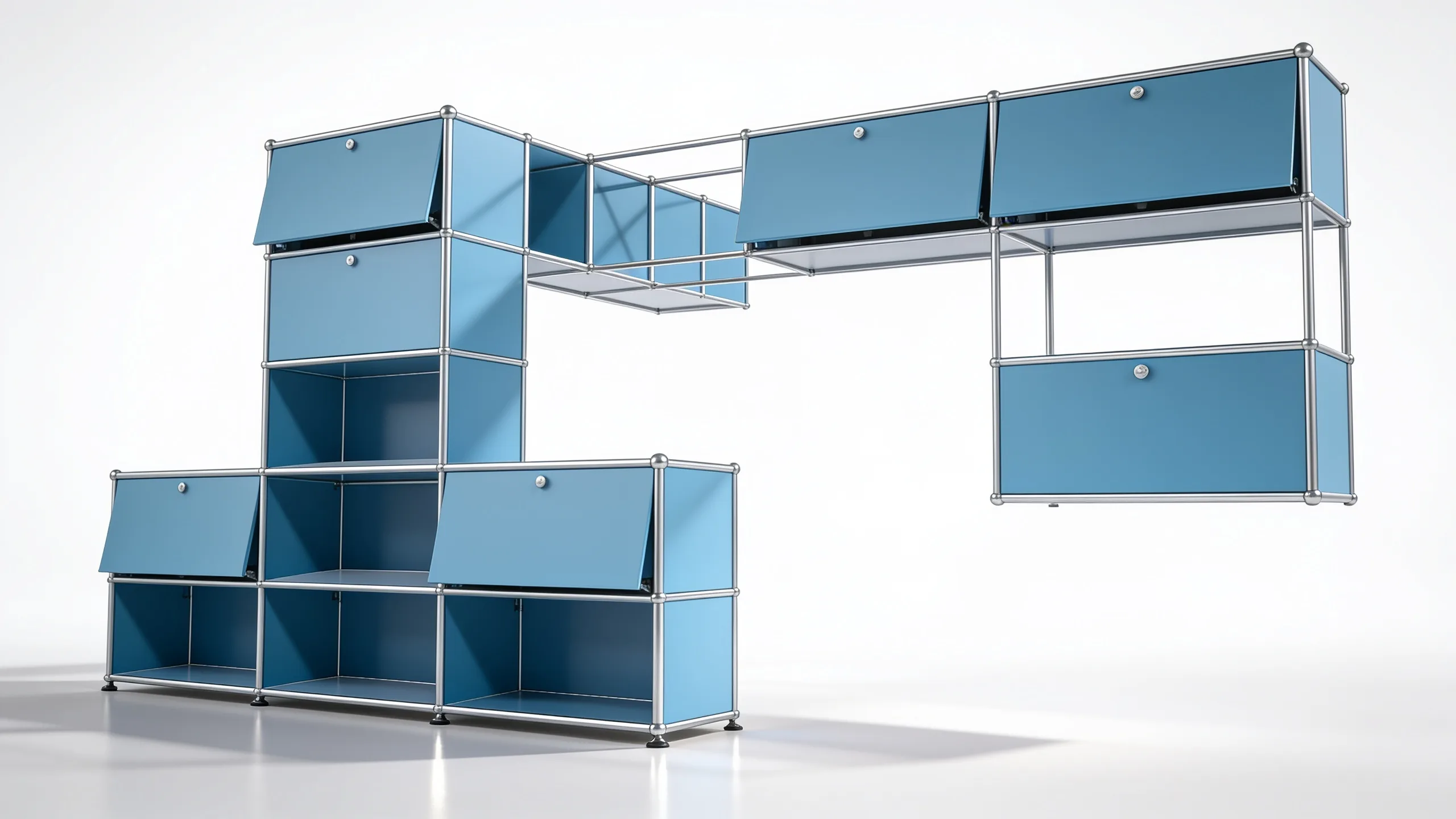 Individuell konfiguriertes USM Haller Möbel in Enzianblau (RAL 5010), ca. 227 kg – fotorealistische Vorschau