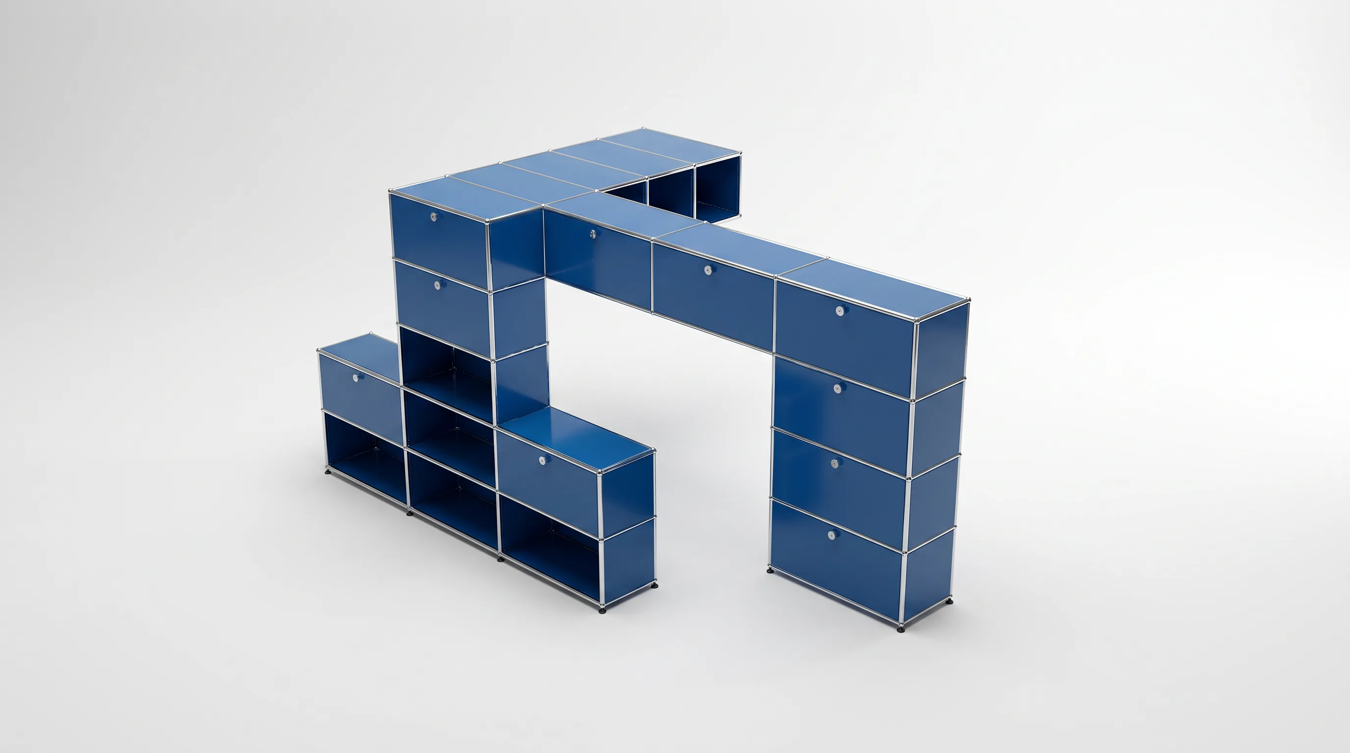 Individuell konfiguriertes USM Haller Möbel in Enzianblau (RAL 5010), ca. 249 kg – fotorealistische Vorschau