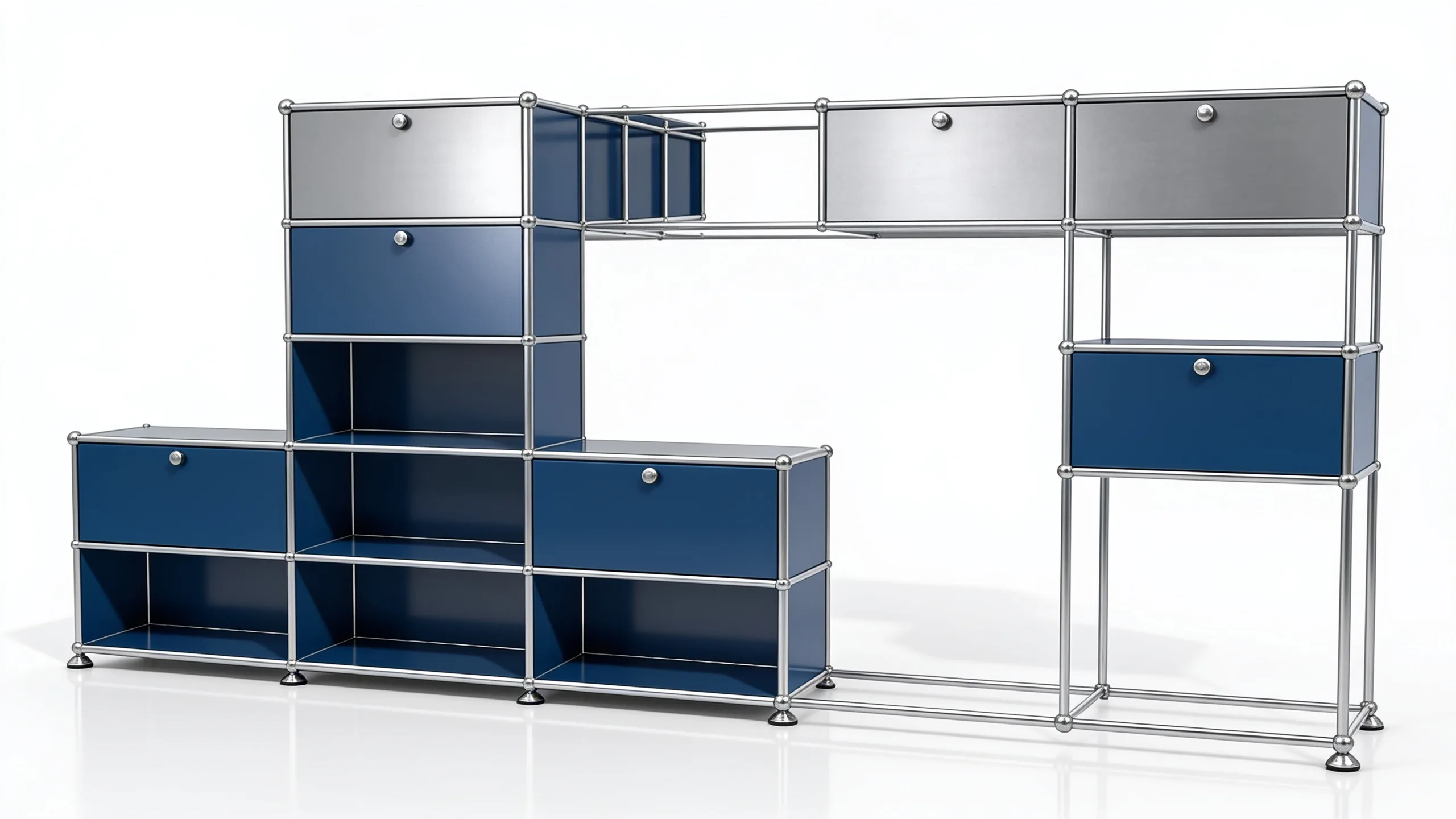 Individuell konfiguriertes USM Haller Möbel in Stahlblau (RAL 5011), ca. 227 kg – fotorealistische Vorschau