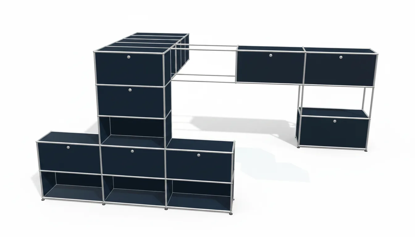 Individuell konfiguriertes USM Haller Möbel in Stahlblau (RAL 5011), ca. 227 kg – fotorealistische Vorschau