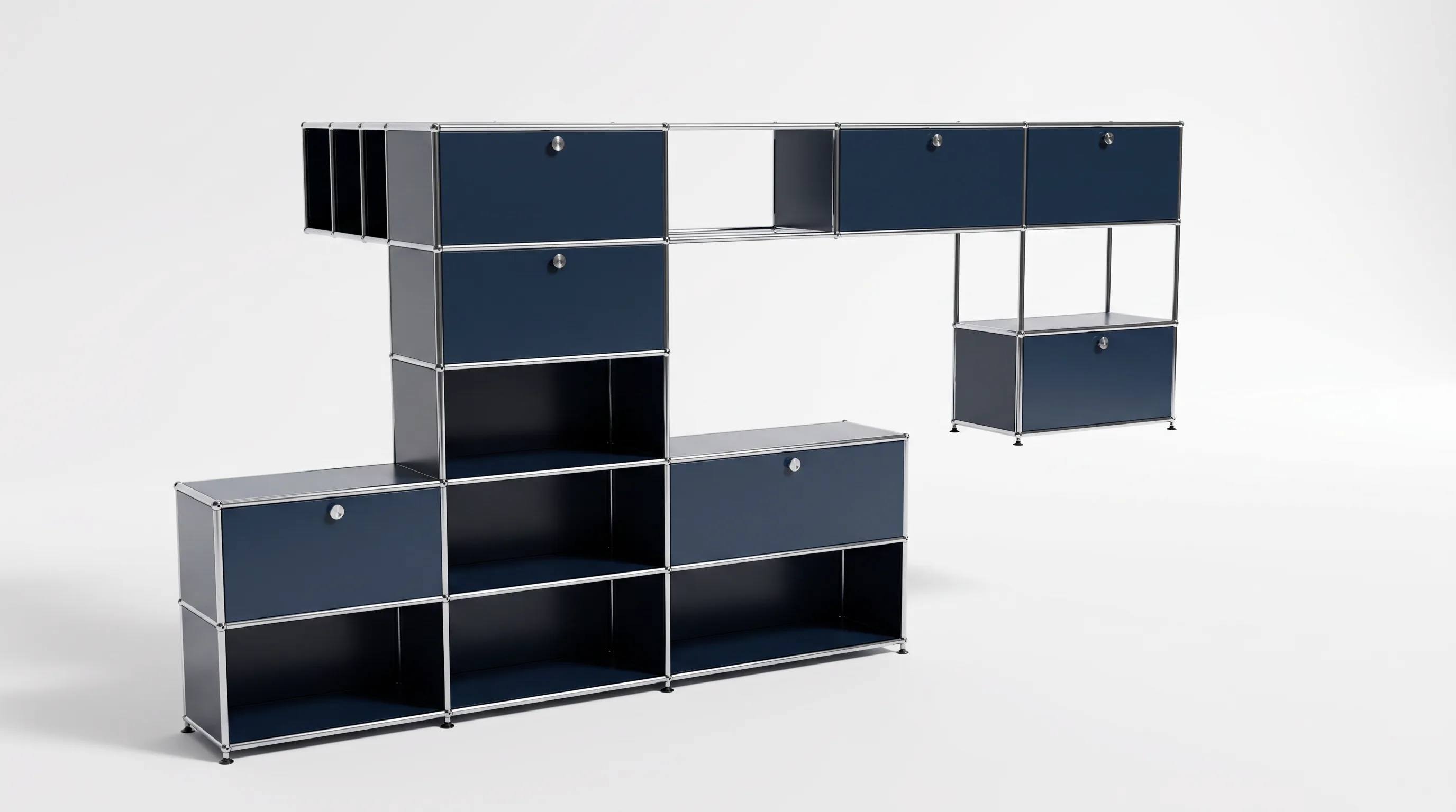 Individuell konfiguriertes USM Haller Möbel in Stahlblau (RAL 5011), ca. 227 kg – fotorealistische Vorschau