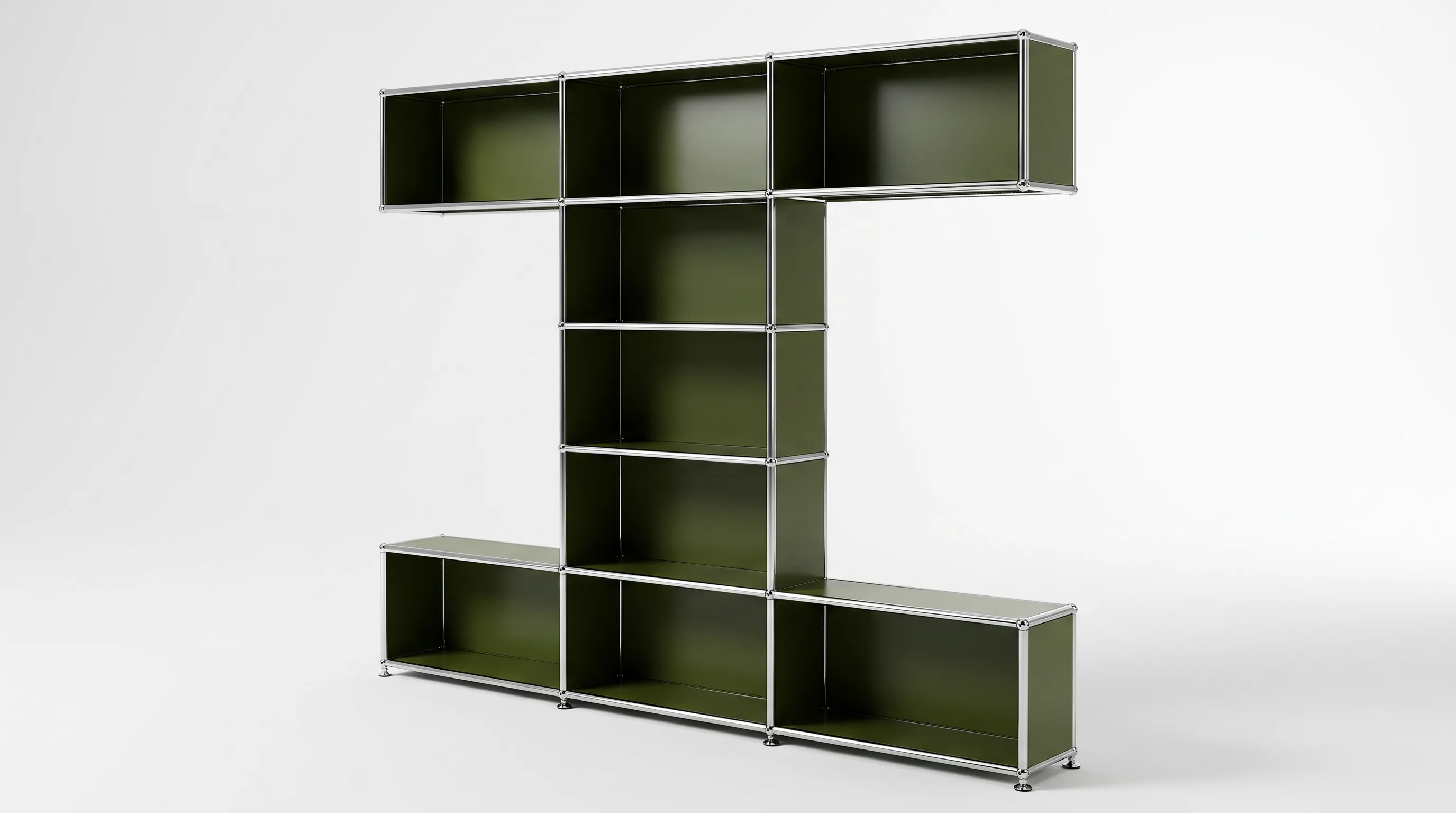Individuell konfiguriertes USM Haller Möbel in Olivgrün (RAL 6003), ca. 79 kg – fotorealistische Vorschau