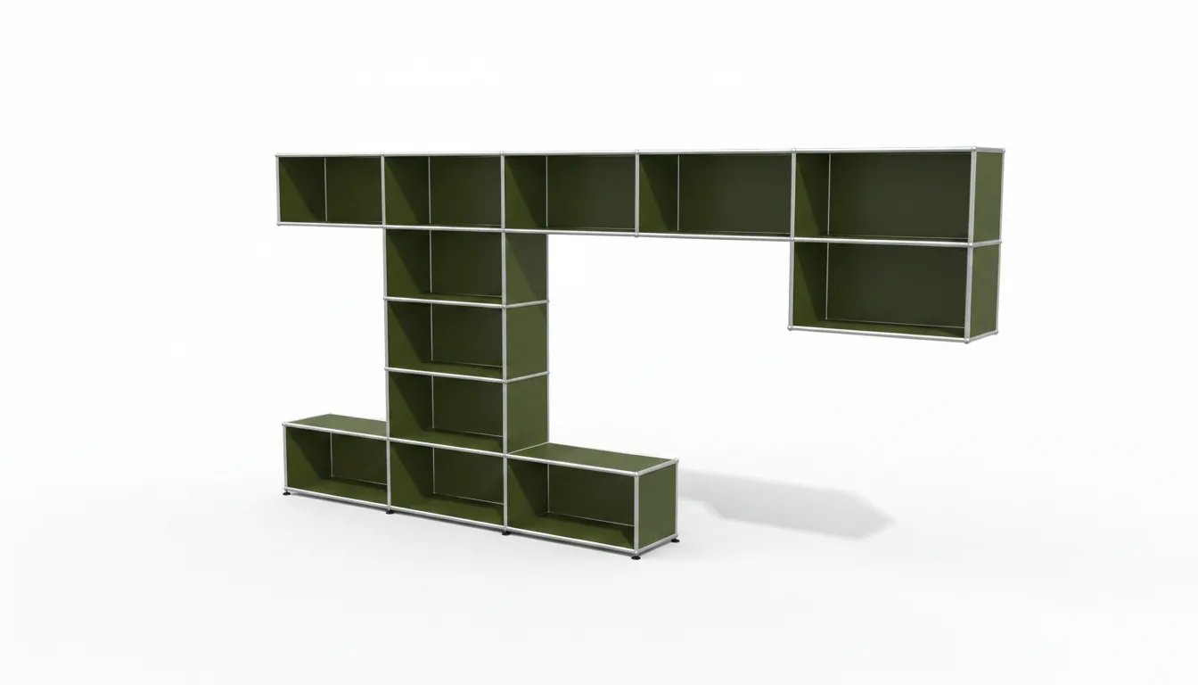 Individuell konfiguriertes USM Haller Möbel in Olivgrün (RAL 6003), ca. 124 kg – fotorealistische Vorschau