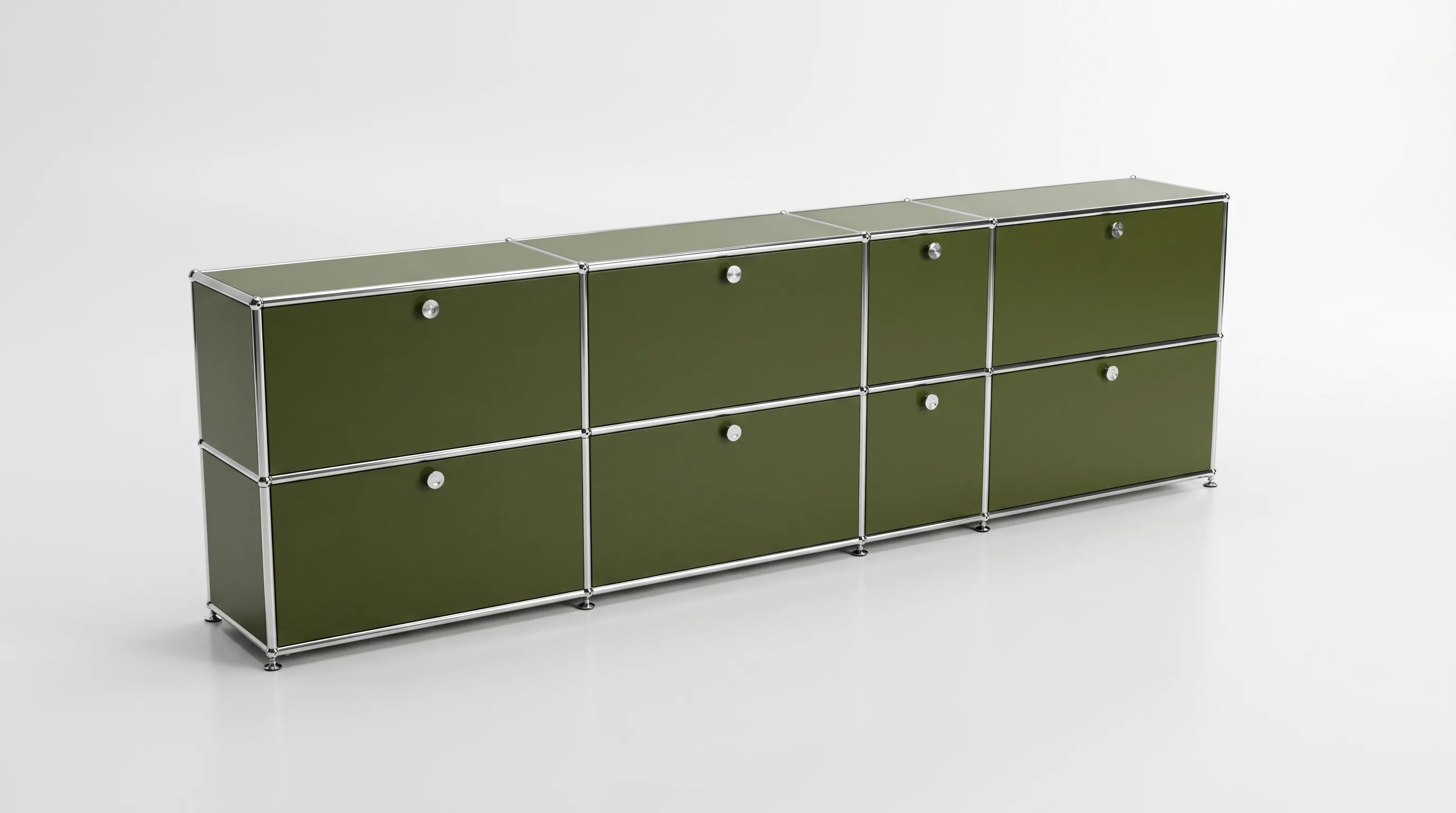 Individuell konfiguriertes USM Haller Möbel in Olivgrün (RAL 6003), ca. 118 kg – fotorealistische Vorschau