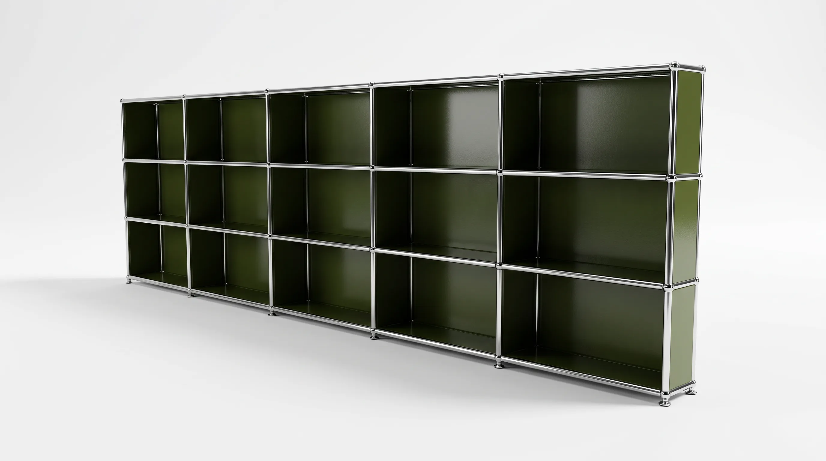 Individuell konfiguriertes USM Haller Möbel in Olivgrün (RAL 6003), ca. 104 kg – fotorealistische Vorschau