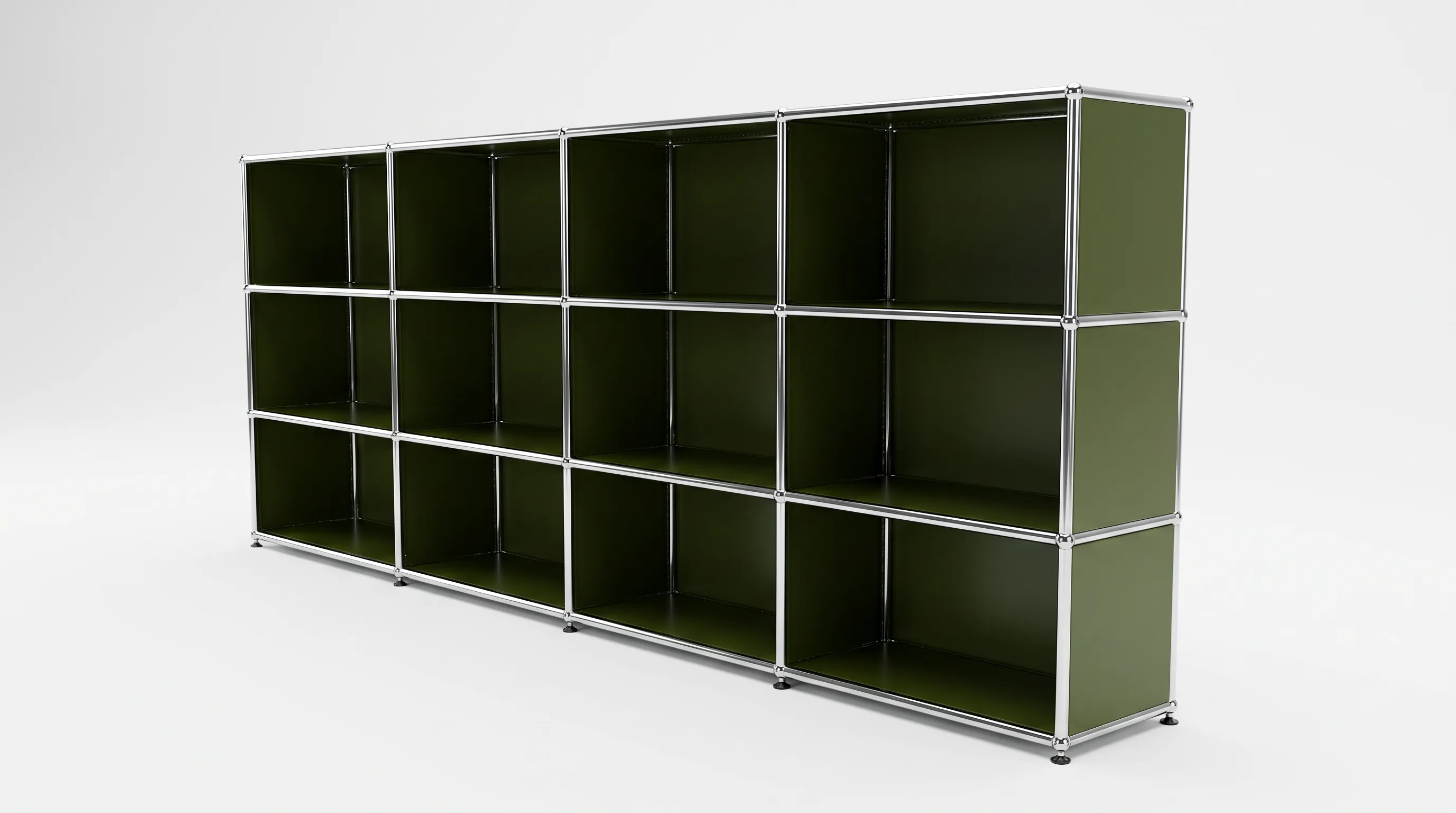 Individuell konfiguriertes USM Haller Möbel in Olivgrün (RAL 6003), ca. 133 kg – fotorealistische Vorschau