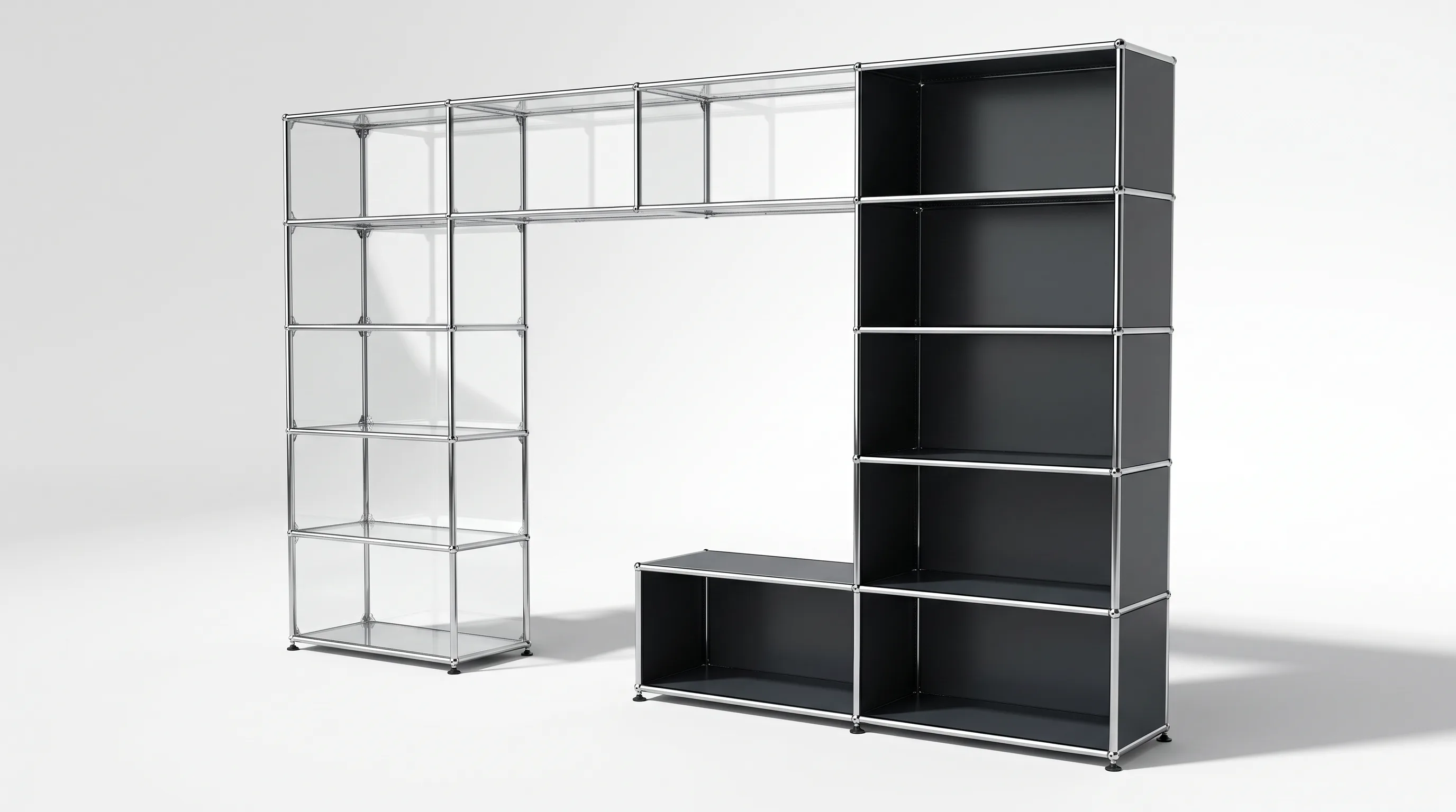 Individuell konfiguriertes USM Haller Möbel in Anthrazitgrau (RAL 7016) mit Glaselementen, ca. 162 kg – fotorealistische Vorschau