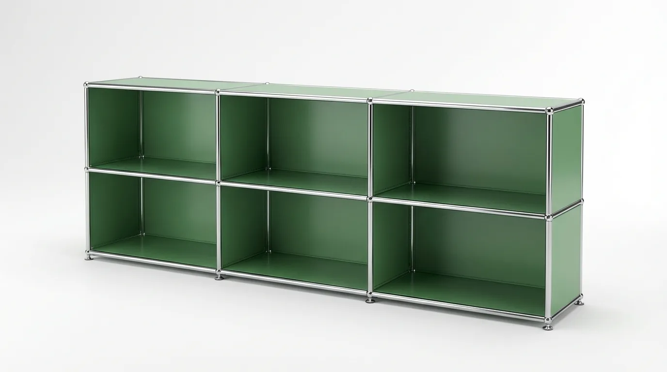 Individuell konfiguriertes USM Haller Möbel in USM Grün, ca. 59 kg – fotorealistische Vorschau