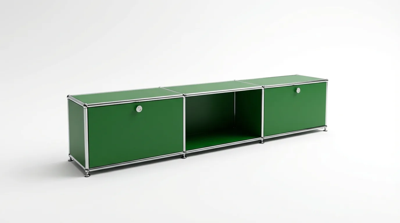 Individuell konfiguriertes USM Haller Möbel in USM Grün, ca. 44 kg – fotorealistische Vorschau