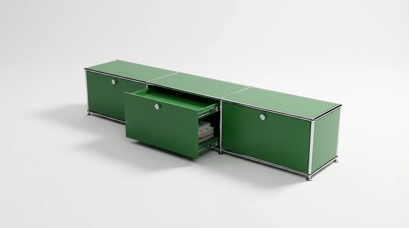 Individuell konfiguriertes USM Haller Möbel in USM Grün, ca. 46 kg – fotorealistische Vorschau